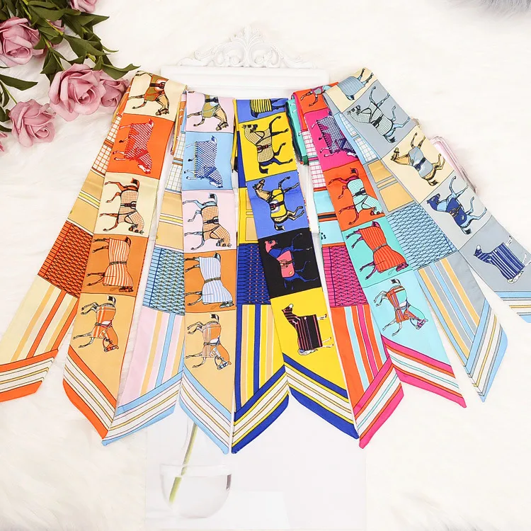 Novo verão imitação de seda lenço de seda imprimindo cem mudanças de proteção solar saco de proteção lenço fita lenço feminino
