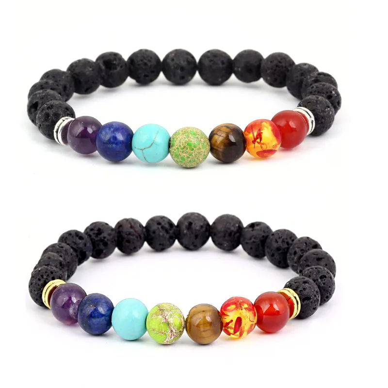 Yoga 7 Chakra Heilarmband mit echten Steinen Vulkan Lava Mala Meditationsarmband Gold Silber Religiöser Schmuck Charm-Armbänder