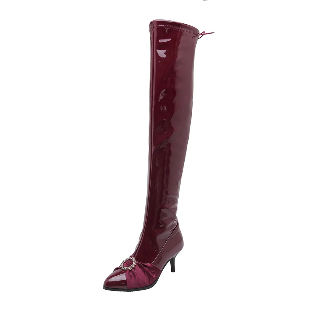 Vente chaude-nouveau 34-48 sur les bottes au genou dames Sexy cuissardes bottes 2019 automne hiver brevet Pu talons hauts chaussures de fête femme