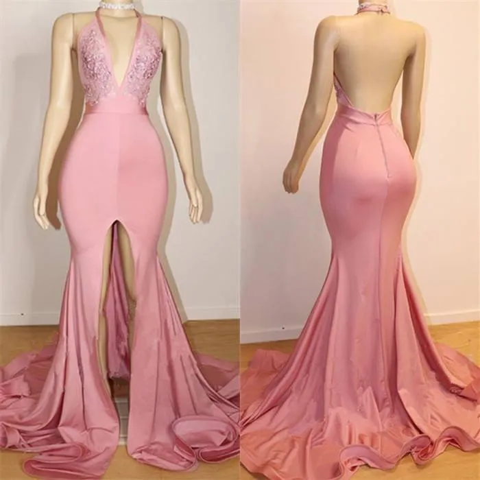 Seksi Halter Boyun Pembe Denizkızı Prom Elbiseler Derin V Boyun Açık Arka Ön Bölünmüş Elastik Saten Strengy Party Wear Gece Gowns