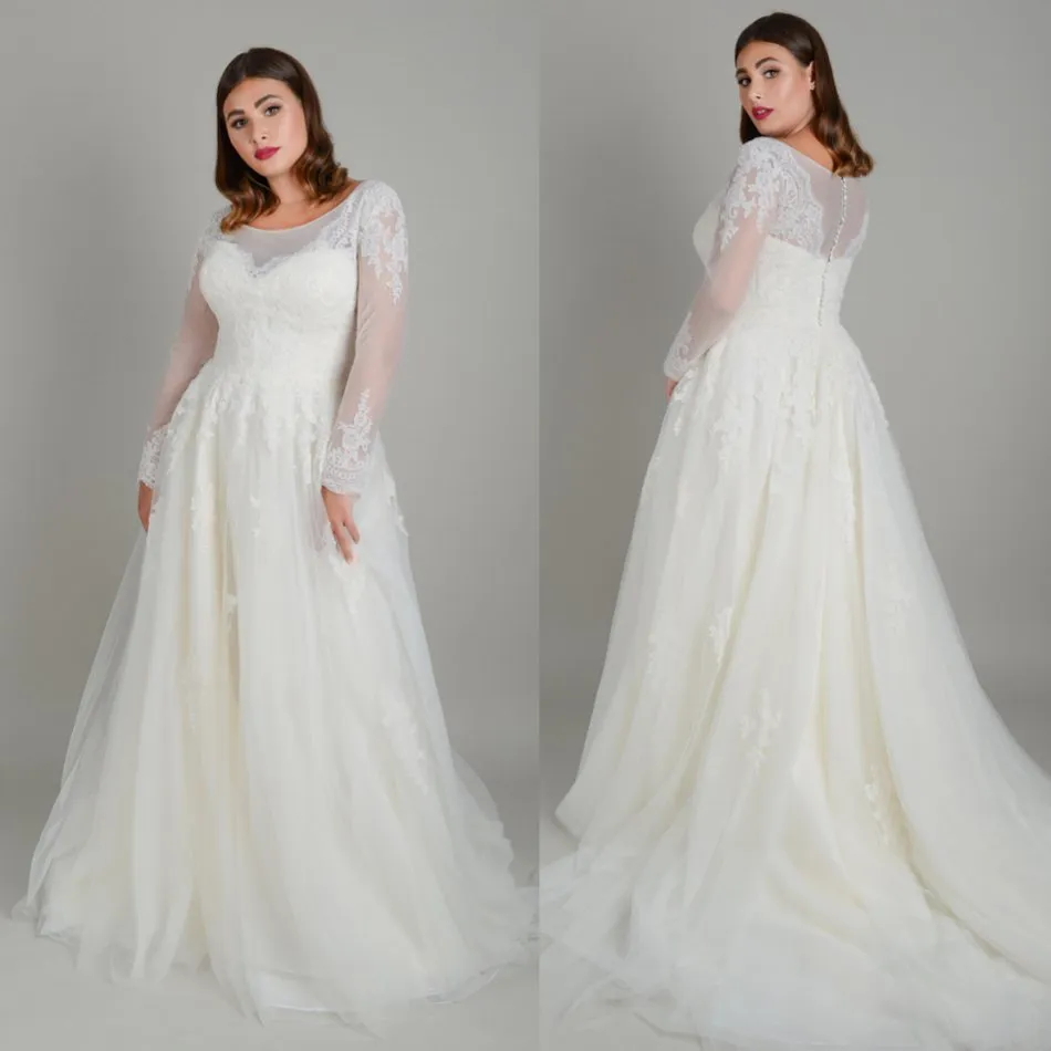2022 Plus Size Wedding Dresses Jewel Poet Long Sleeve Applique Lace Custom made A Line Wedding Dresses Sweep Train Bohemian Bridal Gowns