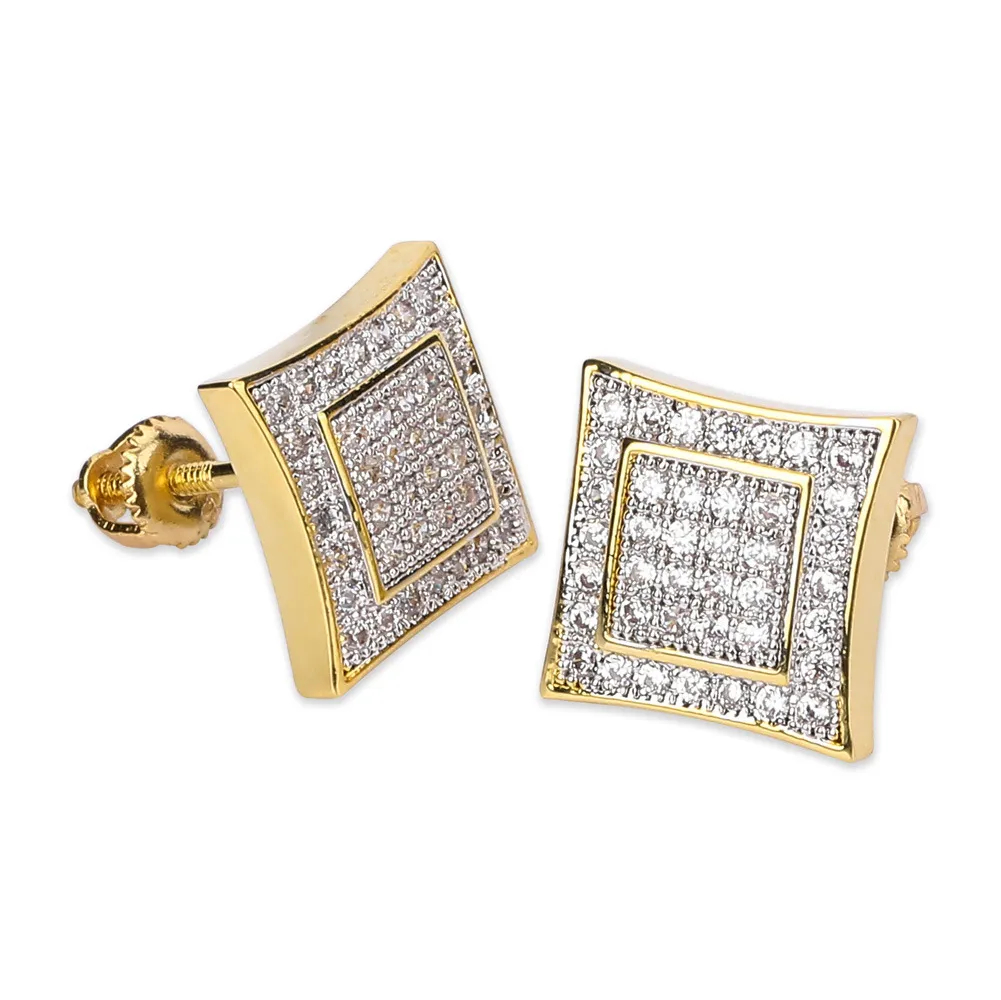 Stud Earing 925 Sterling Silver Iced out Men 18k Gold Square Kite Screw Back Hypoallergenic Stud Earrings with Cubic Zirconia Diamond Hip Hop Jewelry