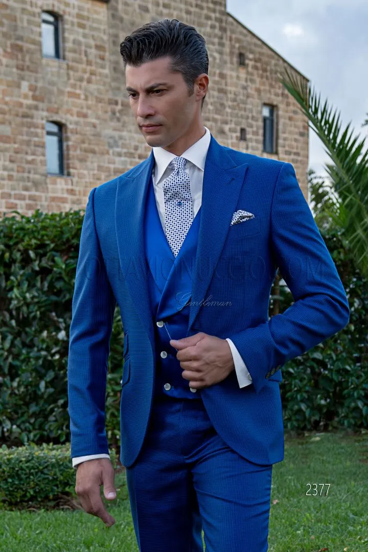 Blue One Button Groom Wedding Tuxedos Slim Fit 3 Pieces Mens Groomsmen Suits Best Man Prom Party Blazer Jacket Suit(Jacket+Vest+Pants)