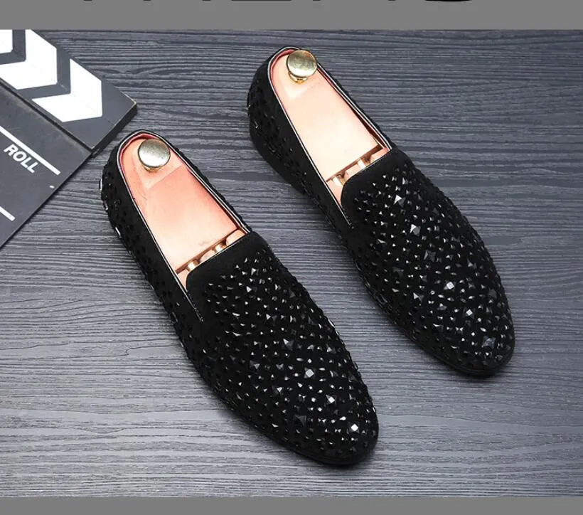 Men s Black Rhinestone Velvet Loafers Crystal Moccasins for Formal Events Weddings and Business
