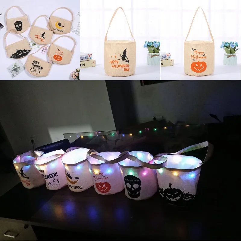 Halloween Süßigkeiten Eimer Kinder Led Nacht Leinwand Süßigkeiten Geschenk Taschen Halloween Kürbis Geister Schädel Gedruckt Party Süßigkeiten Lagerung Taschen