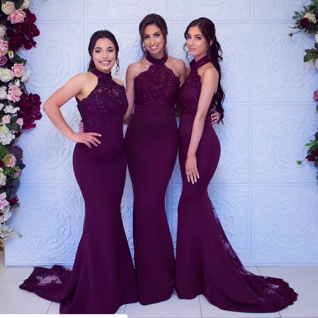 Sexy Grape Mermiad Bridesmaid Dress Cheap Long High Neck Wedding Guest Black Girl Wedding Prom Evening Party Gowns