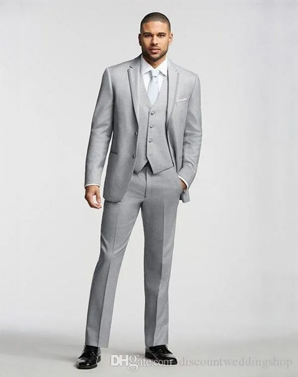 Personnaliser gris clair marié Tuxedos revers cranté homme bal costume d'affaires costumes de fête de mariage (veste + pantalon + gilet + cravate) J133