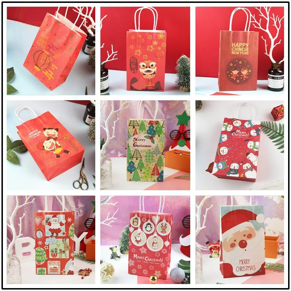 Kraft Paper Bags Candy Box Goodie Väskor Papper Presentkassar Xmas Förpackning Godis Popcorn Box Nyår Party Jul DIY Dekoration