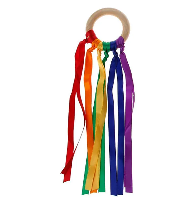 Rainbow Hand Vliegers Houten Ring Lint Streamer Runner Speelgoed Dansen Ring Sensorische Lint Wind Wand voor verjaardagsfeestje Gunsten Kerstcadeau