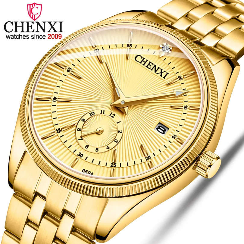 CHENXI Marque Calendrier Or Quartz Montres Hommes Vente Chaude Montre-Bracelet Horloge Dorée Mâle Strass Montre Relogio Masculino