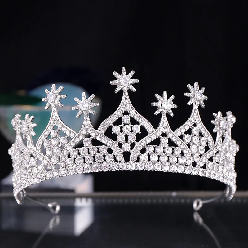 Moda hecha a mano de plata tiaras y coronas reina princesa estrellas diadema de cristal diademas adornos para el pelo de la boda joyería del pelo de las mujeres