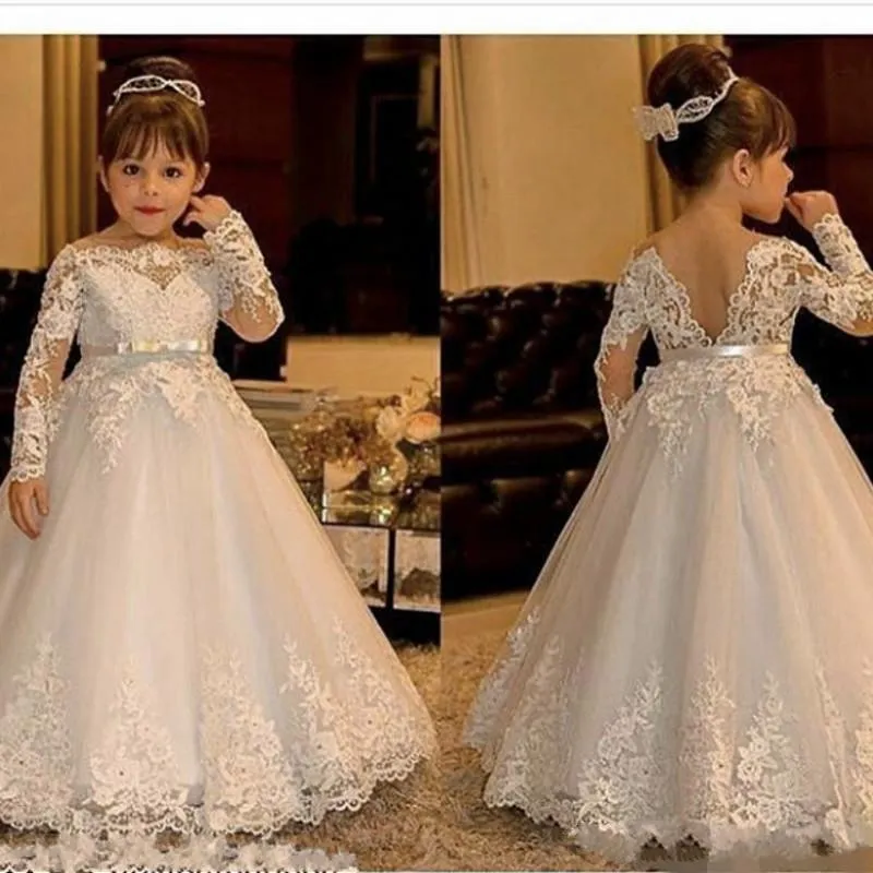 2019 New Cute Girls Dresses Backless Gown ff Shoulder Bateau Long Sleeves Flower Girls' Dresses With Sash Princess Lace Appliques Tulle Wed