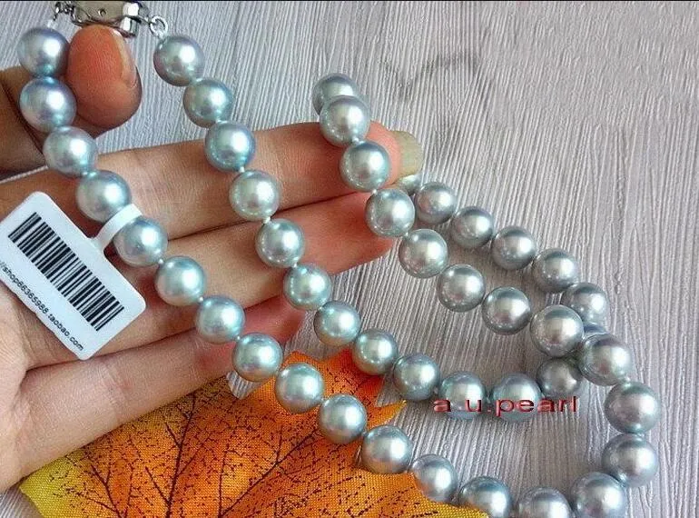 Belle perle gioielli reale lungo 18 "10mm NATURALE del sud del mare argento GRIGIO collana di perle in oro 14K