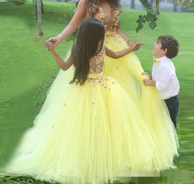 Robes à fleurs jaunes pour filles, illusion de col transparent, dos nu, en Tulle avec des appliques florales, tenue de soirée pour enfants, robe de bal de concours, nouvelle collection