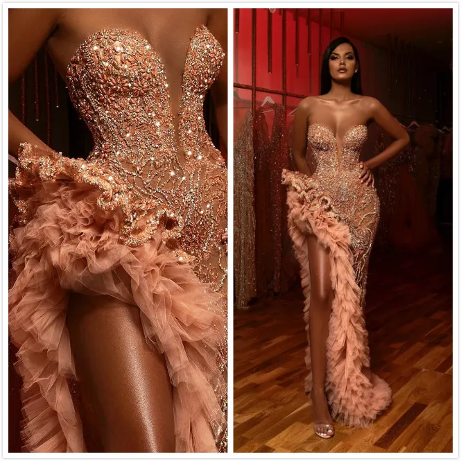 Arabic Aso Ebi Luxurious Evening Beaded Crystals Sheath Prom Dresses High Split Formal Party Bridesmaid Pageant Gowns Zj126