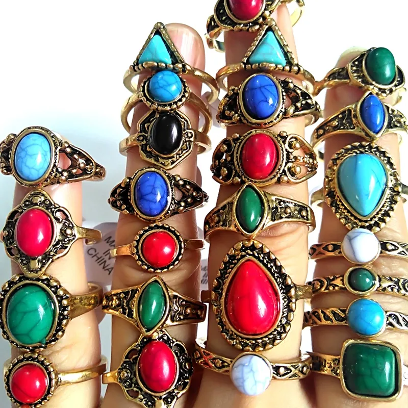 30pcs Wholesale Mixed Turquoise female women girls Rings Cool Rings Unique fashion gold Vintage Retro Jewelry