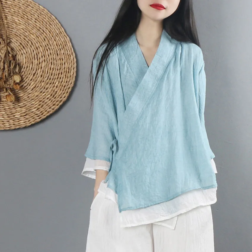 Women Linen Shirt Tops Chinese Style Vintage Shirt Cardigan Coat Fairy Tai Chi Uniform Tang Suit Breathable Casual Hanfu282Q