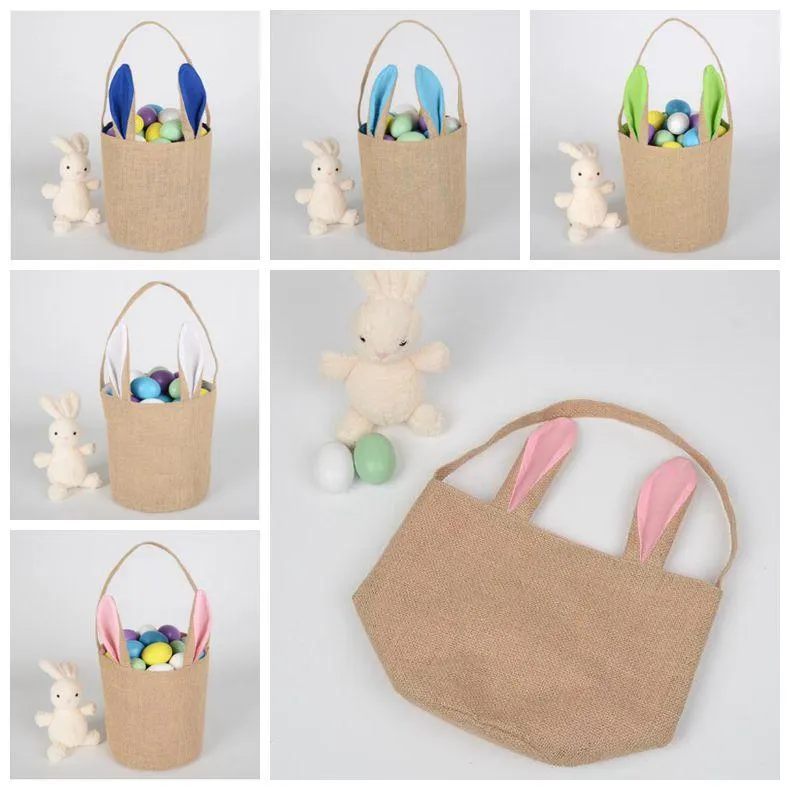 5 Colors DIY Easter Bunny Bucket Bag Jute Ear Storage Tote Hand Bags Burlap Children Gifts Cotton Handbags Party Decoration CCA11068 60pcs