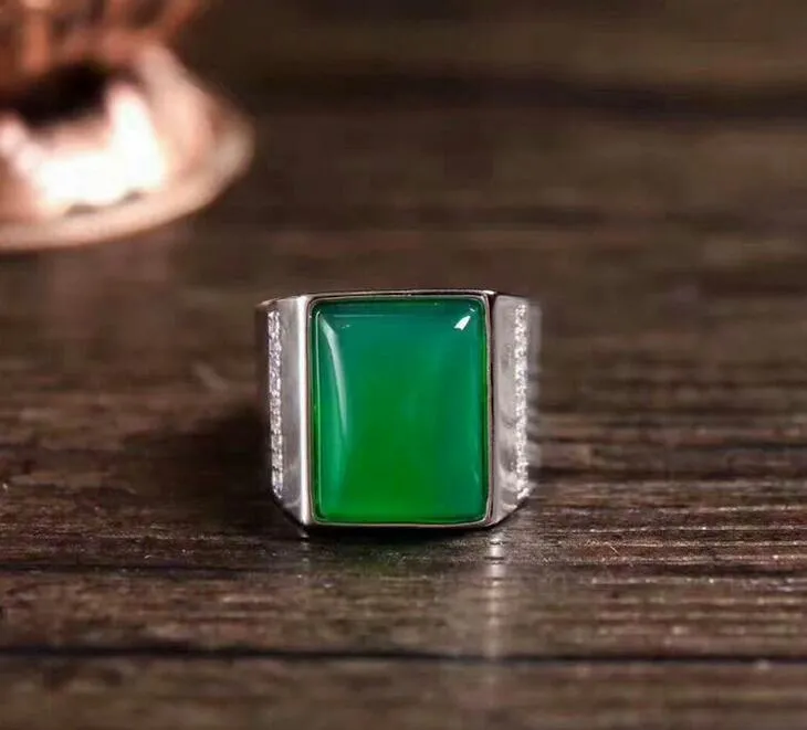 Bague calcédoine verte naturelle pour hommes bague en agate en argent 925 cristal vert ouvert bague vivante bijoux en gros