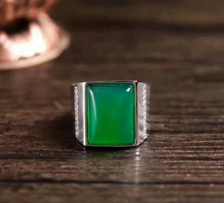 Natural Green Chalcedony Ring Men's 925 Silver Agate Ring Green Crystal Open Living Ring Jewelry Wholesale