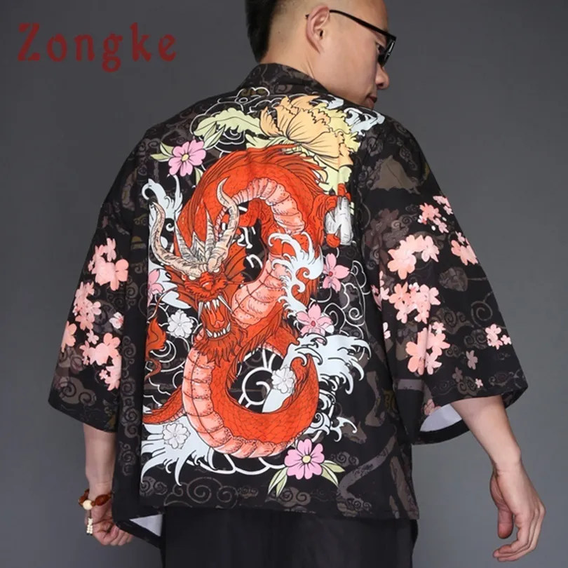 Zongke dragão japonês streetwear kimono cardigan black windbreaker homens casaco casaco 2018 verão c19040401