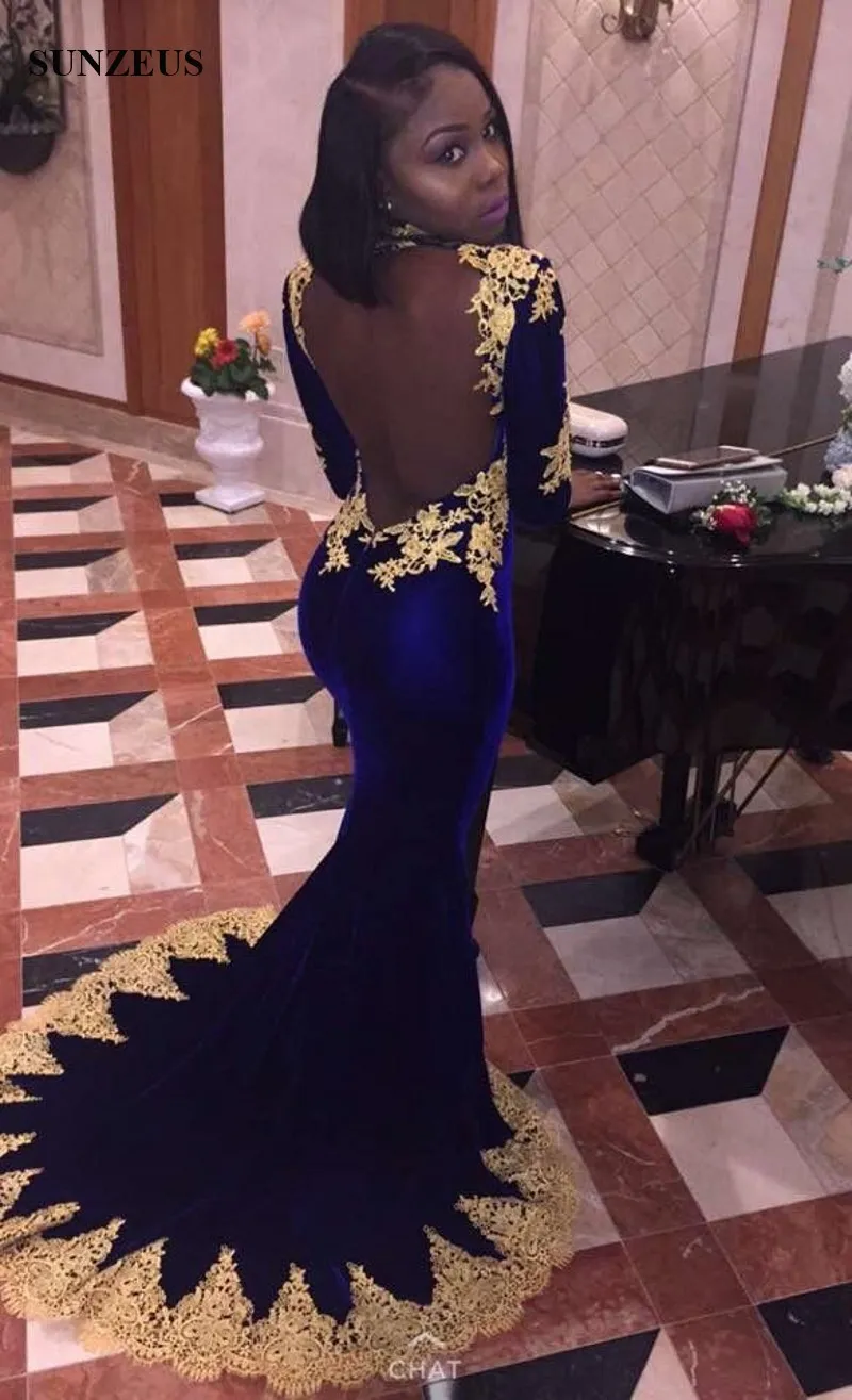 Robes de bal Sexy dos nu sirène bleu Royal robe de soirée avec dentelle dorée manches longues robes de filles noires ballkleider lang