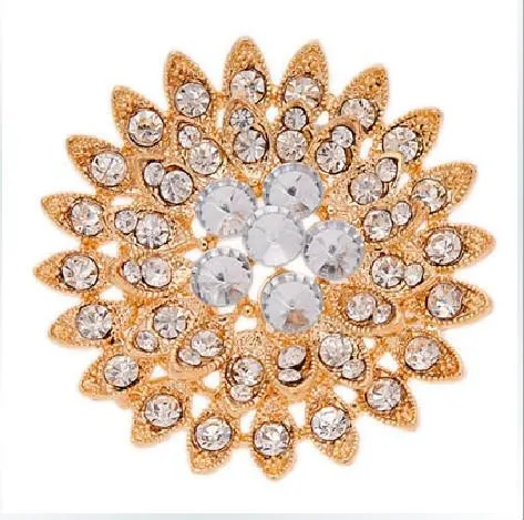 Spilla con diamanti scintillanti a forma di fiore di sole in cristallo trasparente con strass placcato oro