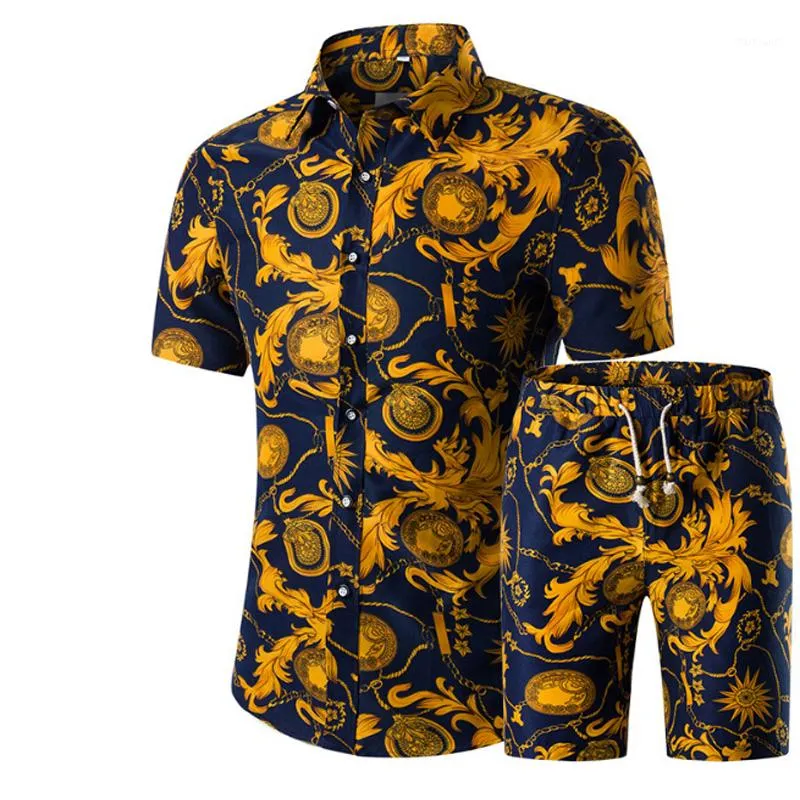 Mäns Casual T-shirts Män Shorts Set Sommar Tryckt Hawaiian Shirt Palacestyle Homme Korta Male Printing Dress Suit Sets Plus Size1