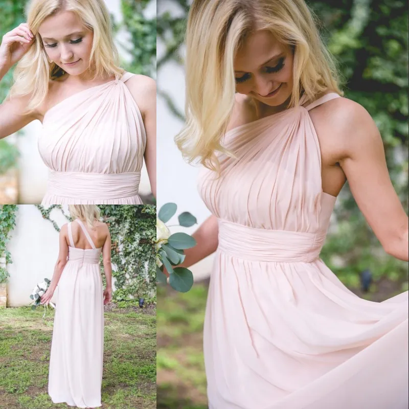 One shoulder Long Chiffon Bridesmaid Gowns Blushing Pink Plus Size