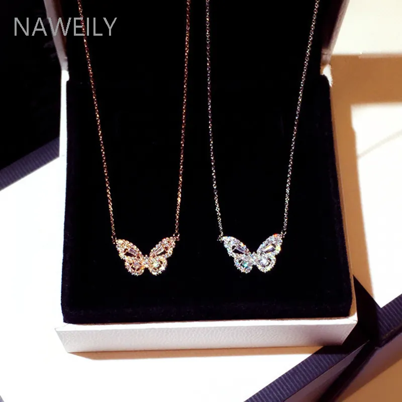 New Fashion Korean Pendant Necklaces Trend Exquisite Super Flashing Rhinestone Butterfly Clavicle Short Necklace