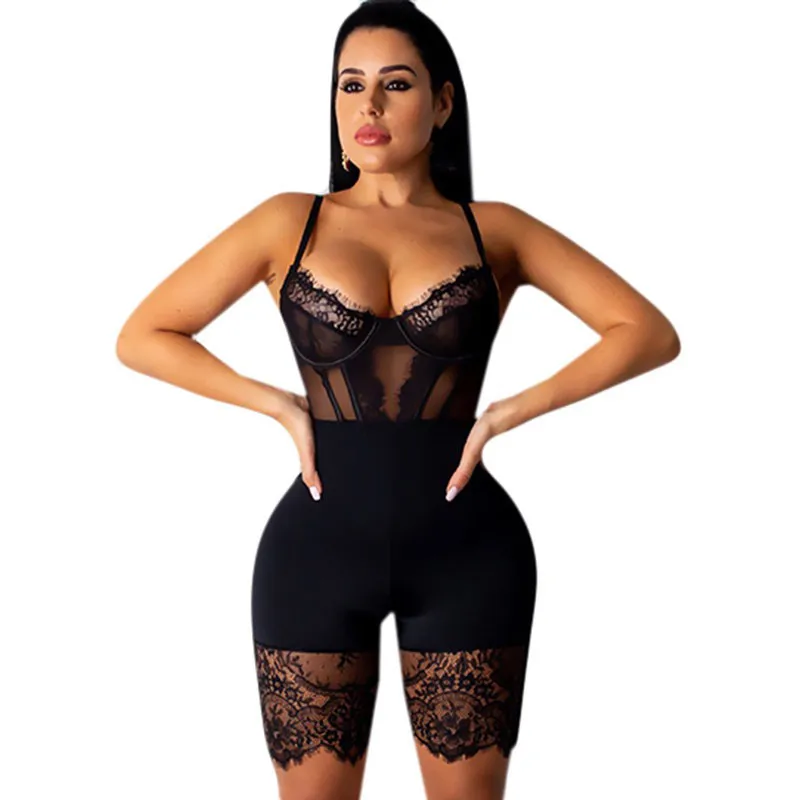 Jumpsuits Women Lace Patchwork Sexy Spaghetti Strap Romper Off Shoulder Sleeveless Bodycon Bandage Party Short Playsuits