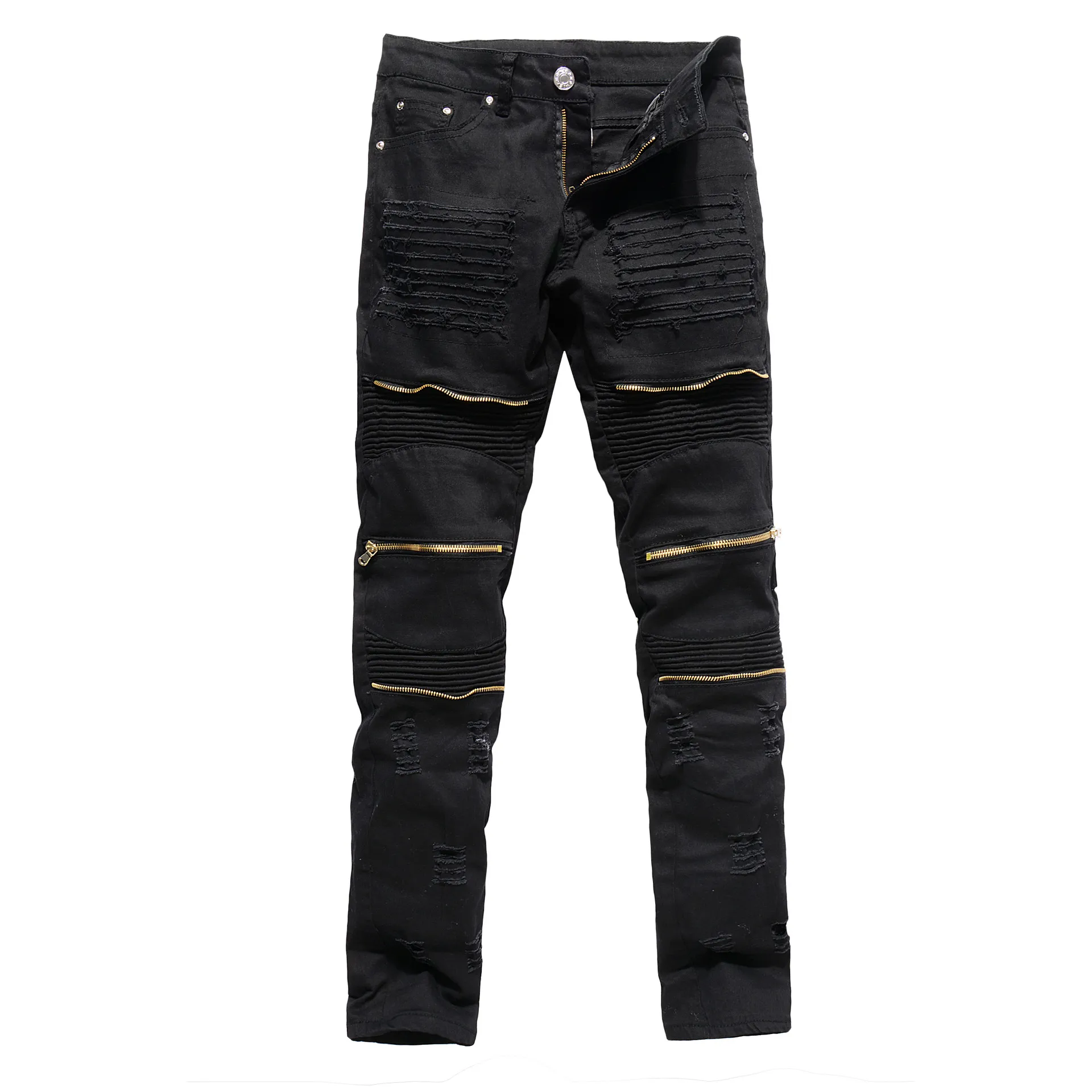 Jeans masculino moda masculina rasgado skinny envelhecido destruído ajuste reto zíper motor com furos motocicleta fina lápis lápis