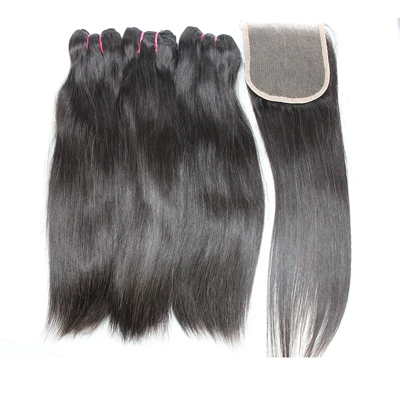 Super Double Bundles de Cheveux Humains Dessinés avec Fermeture Droite Trames de Cheveux Humains Vierges Brésiliens avec Fermeture de Cheveux 4x4 Couleur Naturelle 8-22 pouces