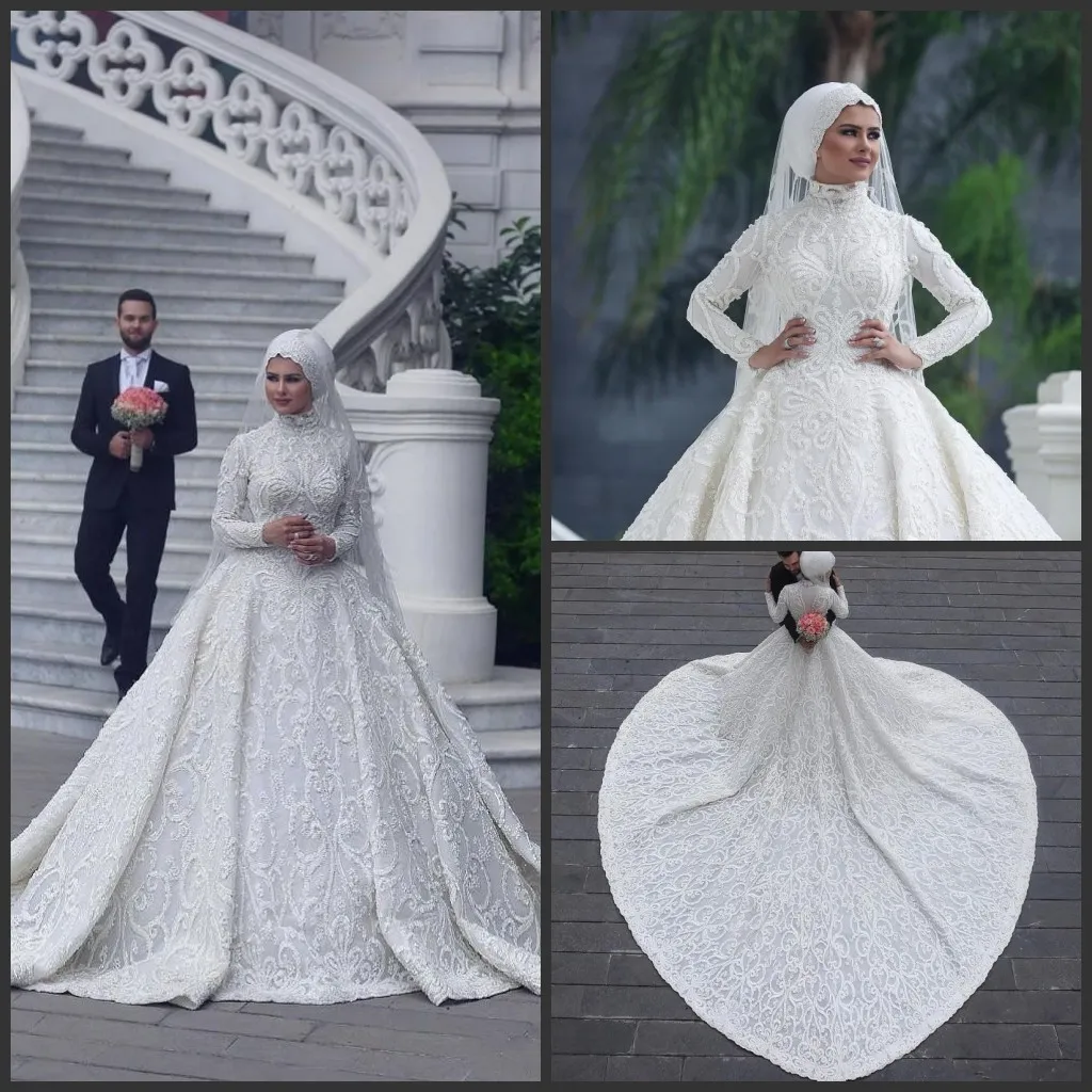 Col haut manches longues arabe Hijab robes de mariée musulmanes 2019 appliques romantiques dentelle blanc robes de mariée tribunal train abiti da sposa personnalisé