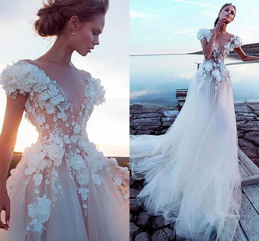 Luxe Tulle a-ligne robes de mariée 2020 Sexy dos nu robe de mariée 3D dentelle fleurs fée plage fée plage robe de mariée