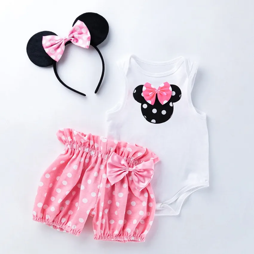 3pcs 1set Newborn Baby Rompers Sleeveless Girl Boy Clothes Casual Rompers With mouth Headband dot pant costumes LJJK2206