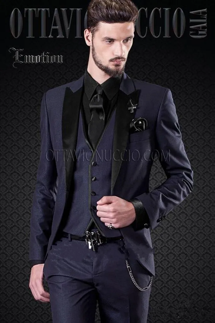 New Latest Design One Button Navy Blue Groom Tuxedos Groomsmen Best Man Suits Mens Wedding Blazer Suits (Jacket+Pants+Vest+Tie) 1182