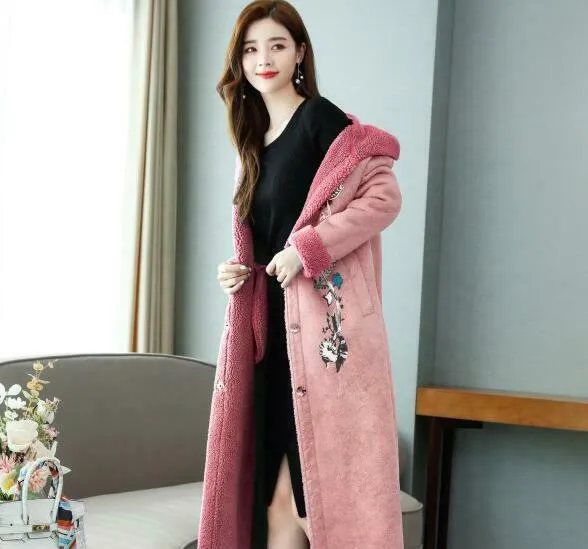 Womens Winter Suede Overcoat Removable Fur Collar Hooded Parka Floral Long Coat N017