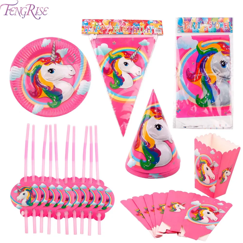 FENGRISE Festa a tema unicorno arcobaleno Decorazione festa di compleanno unicorno Banner rosa Sacchetto di caramelle di carta Baby Shower Bomboniere bambini