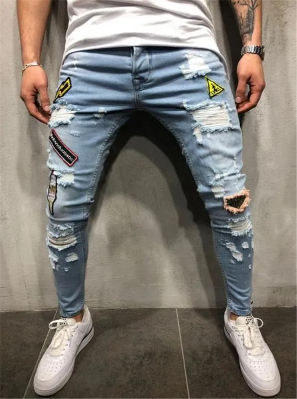 Moda sokak kıyafeti erkek kot pantolon mavi sıska yok edilmiş yırtık kot kırılmış punk pantolon homme hip hop erkek pantolon 3xl335m