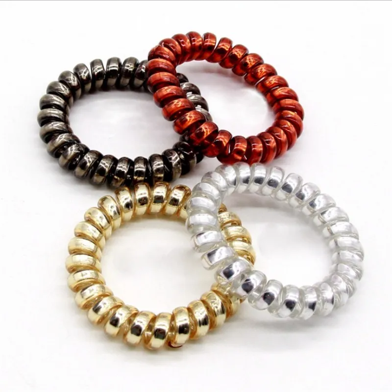 Fashion Pony Tails Holder Elastic Hair Ring Clear TPU Lining Gilding Mirror Telephone Coil Head Rope Mixed Colors Wholesale 100pcs/lot