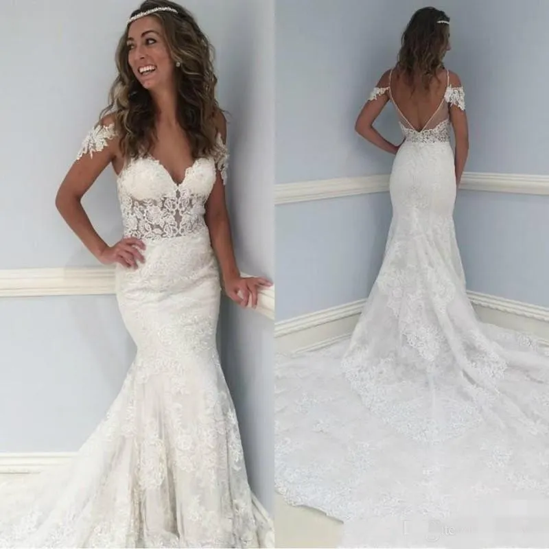 Mermaid Dresses Lace Applique Capped Sleeves V Neck Chapel Train Backless Custom Made Wedding Bridal Gowns Plus Size