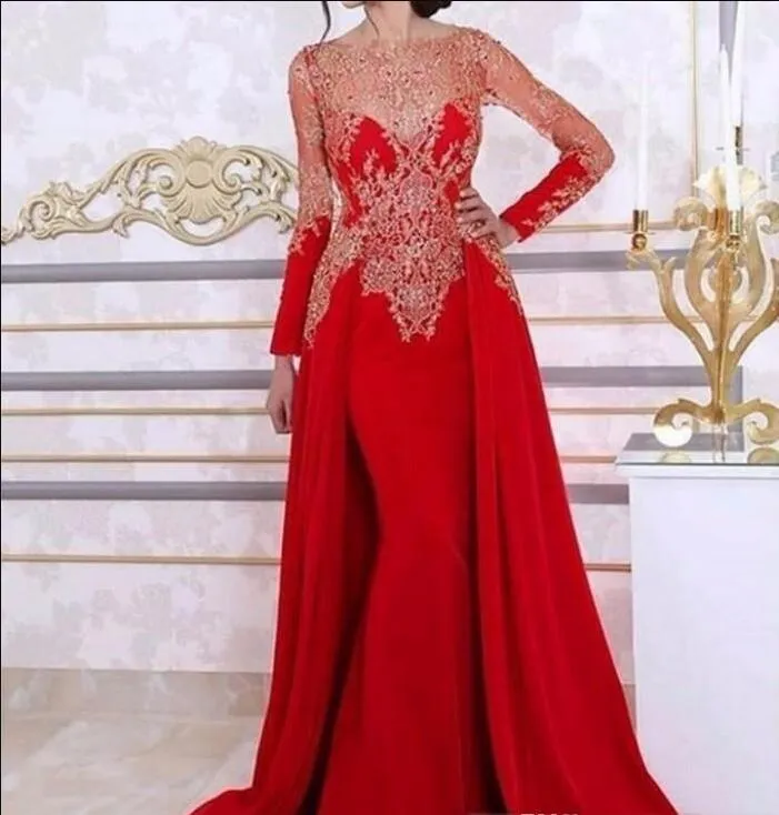 2018 Árabe Vermelho Mangas Compridas Sereia Vestidos de Noite Com Tripulação Saia Destacável Lace Beading applique Kaftan Formal Mulheres Vestido de Festa