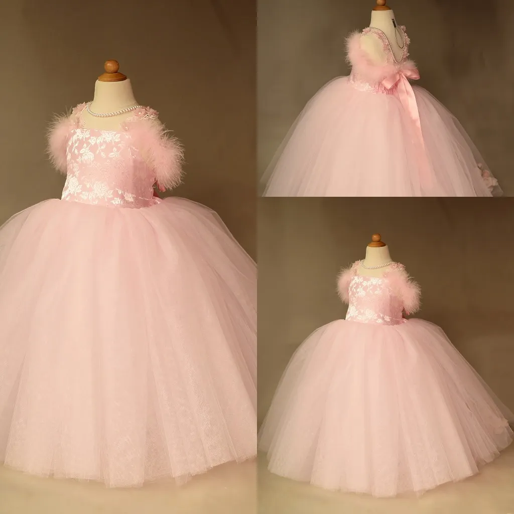 Newest Ball Gown Flower Girl Dress Square Sleeveless Tulle Lace Applique Feather Wedding Dress Floor Length Girl's Birthday Part