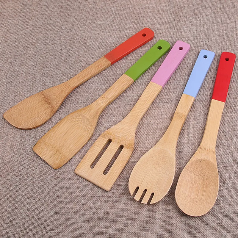 5 colori cucchiaio di bambù spatola portatile in legno pala antiaderente cucchiaio da zuppa cucina cottura spatola a fessura supporto per miscelazione pale Espatula De Cuchara antiaderente