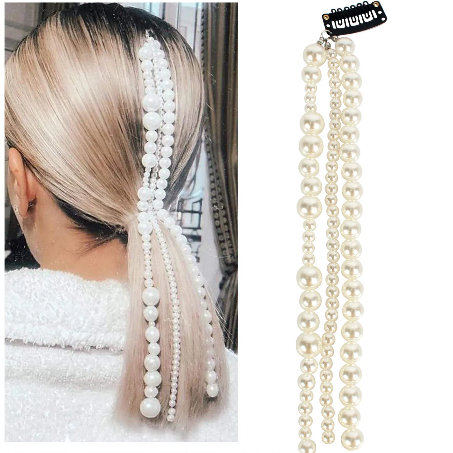 Kvinnor Beaded Hair Tillbehör 33cm Lång imitation Pearl Tassel Hair Clip Head Chain för Kvinnor Mode Smycken