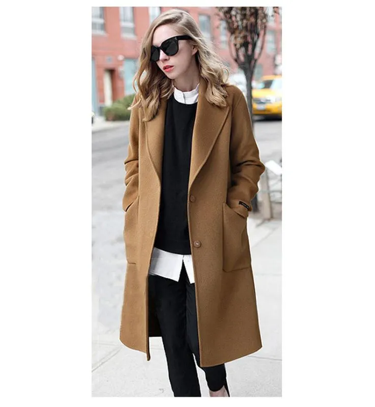 2020 Spring Autumn Coat For Women Wide Lapel Pocket Woollen Cloth Polyester Wool Blend Coat Oversize Long Trench Coats Outwear