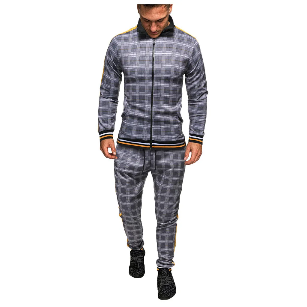 Tracksuit men 2019 New Men Sets Fashion Sporting Suit Brand Plaid Zipper Sweatshirt +Sweatpants Mens Clothing 2 Pieces Sets 9.2 T200507