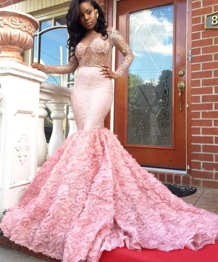 African Pink Long Sleeves Lace Mermaid Prom Dresses Beaded 3D Floral Backless Sweep Train Formal Party Evening Gowns