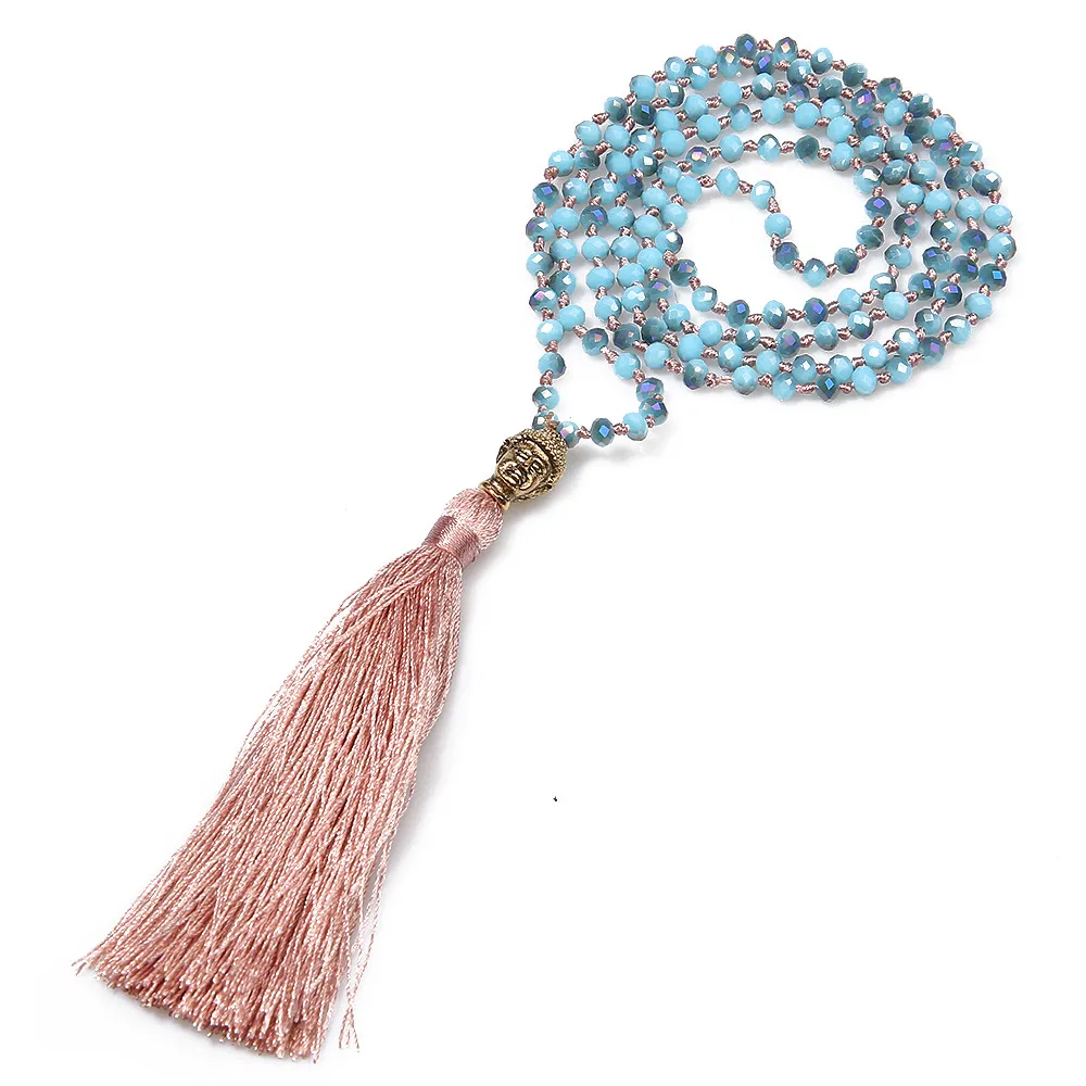 Long Tassel Neon Necklace Ancient Silver Alloy Buddha Head Pendant Faceted Glass Crystal Halsband Knot Kvinnor Smycken Gåvor